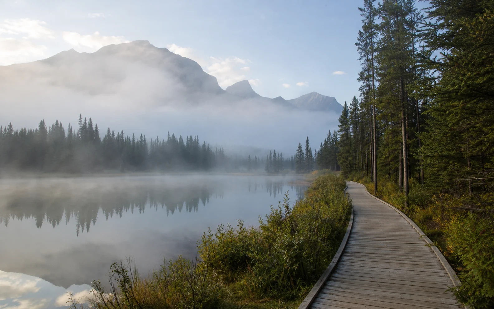 Misty Canadian lakeside boardwalk for outdoor trip planning