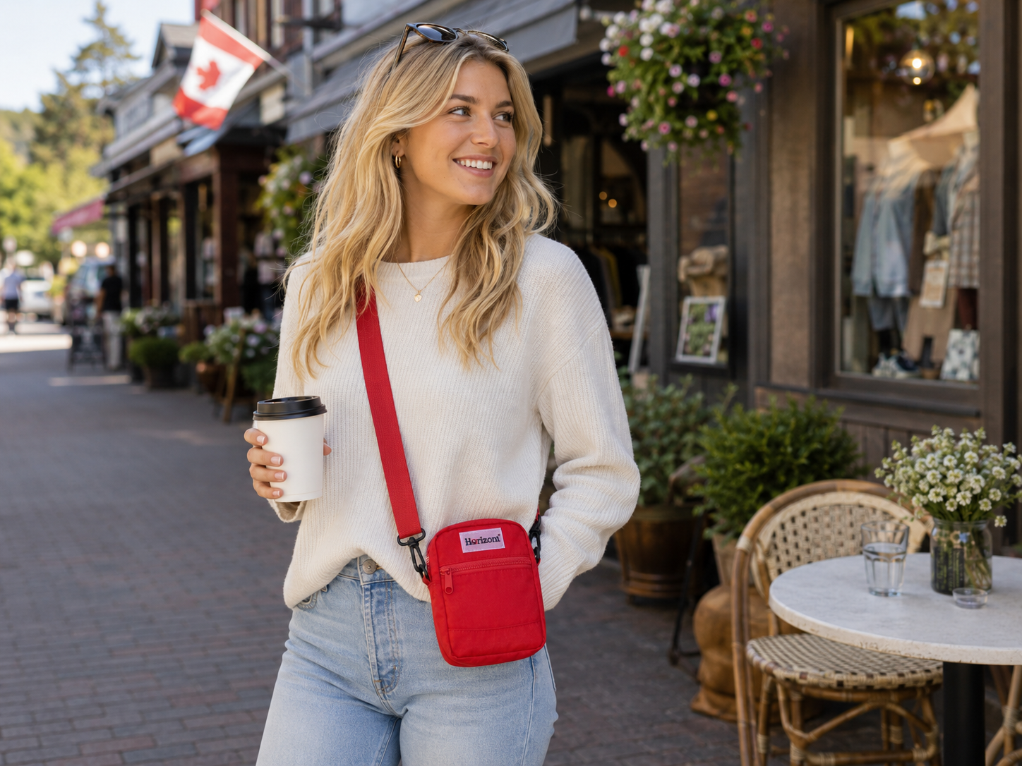 Red Horizon Toastie Crossbody Bag styled for an urban cafe street and casual travel day