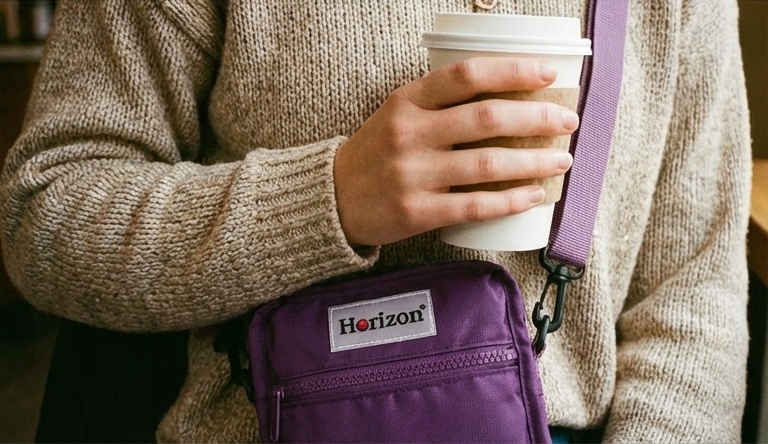 Purple Horizon Toastie Crossbody Bag close-up styled with a coffee cup for daily carry use