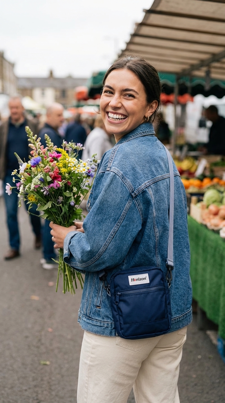 Blue Horizon Toastie Crossbody Bag worn at a market with flowers as an everyday lifestyle accessory